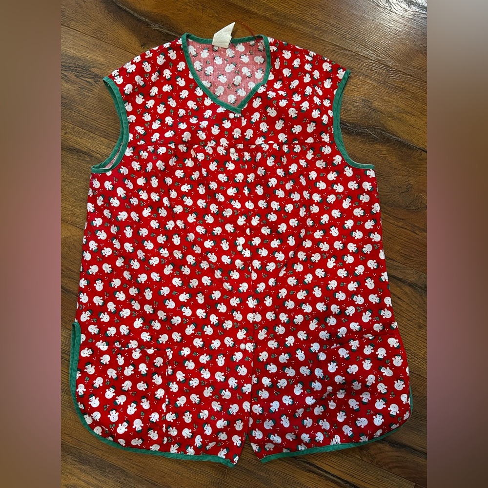 Vintage Izzy’s Place Christmas Smock Vest Apron, Snowmen-Red,Green,White-Medium